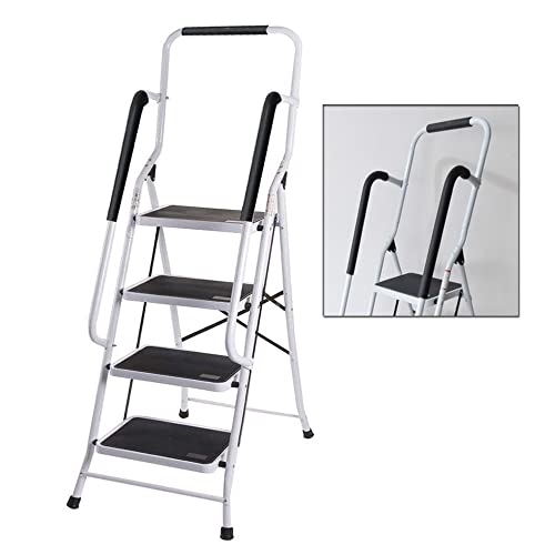 Escabeau pliable, tabouret de sécurité portable 4 marches, escabeau 4 marches avec main courante et tapis antidérapant, métal robuste, pour maison/cuisine/garage/peinture/décoration/travaux ménagers