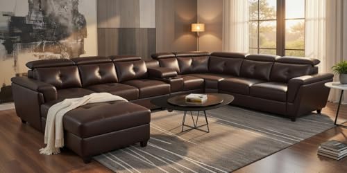 Image of Mishel 12 Seater Sofa Set for Living Room | Sectional U Shaped 12 Seater Sofa with Storage & Cupholder (Brown Leatherette, LHS)