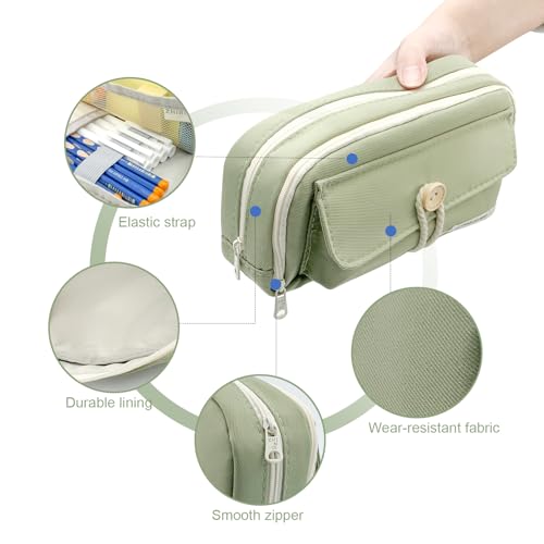 Image of Large Capacity Pencil Case, 4-layer Pencil Case Pouch, Green Pencil Bag for Office, Pencil Case for Adult