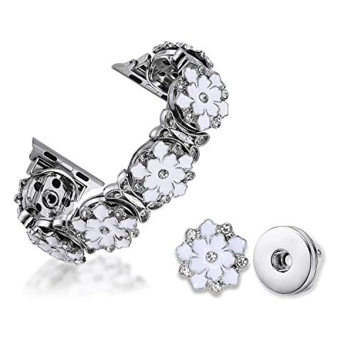 TILON Dressy 2 in 1 DIY Apple Watch Band Compatible for Apple Watch 42/44mm Series 5 4 3 2 1, Elastic Jewelry Dangle Cuff Rhinestone Bracelet with Removable Snaps Women-White Snowflake Cover