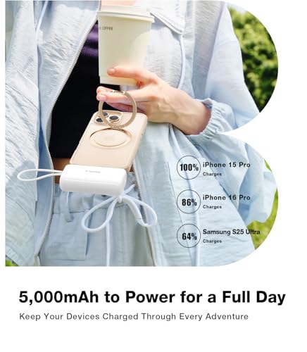 Image of TORRAS iPhone 16 Portable Charger, 5000mAh 22.5W Power Bank with Built-in USB-C Cable, Fast Charge Battery Pack for iPhone 17 /16 /15, Galaxy S25, Google for Travel Outdoor Hiking Backup Battery, White