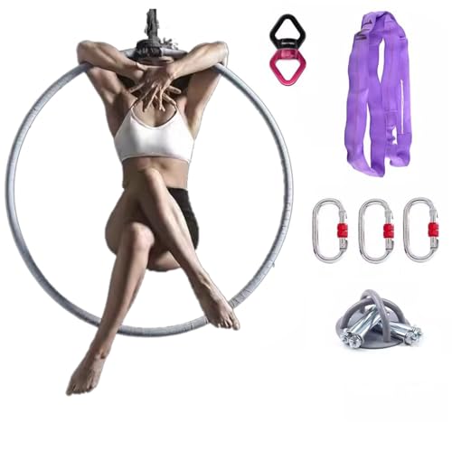 Aerial Fitness Hoop Reifen mit Deckenanker, Verriegelung Karabiner, Griffband und 360° Drehgelenk für Indoor-Workouts und Zirkustraining