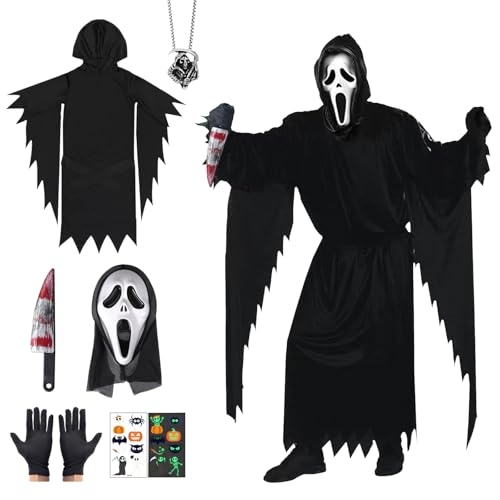 Ghostface Costume Scream Costume Adult Black Hooded Robe Blood Ghost Face Mask Filled Fake Knife Prop Skeleton Necklace Stickers Halloween Horror Fancy Dress Character Outfit