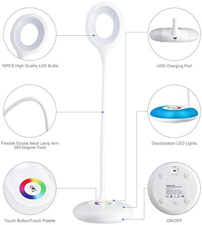hihigou Lampa biurkowa dla dzieci, przyciemniana, ochrona oczu, 3,2 W, sterowanie dotykowe, zmiana kolorów i 3 poziomy jasności, port ładowania USB, elastyczna lampa stołowa 360 stopni
