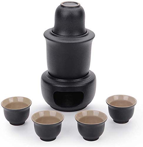 Service à saké haut de gamme en céramique noire mate avec réchaud traditionnel et accessoires