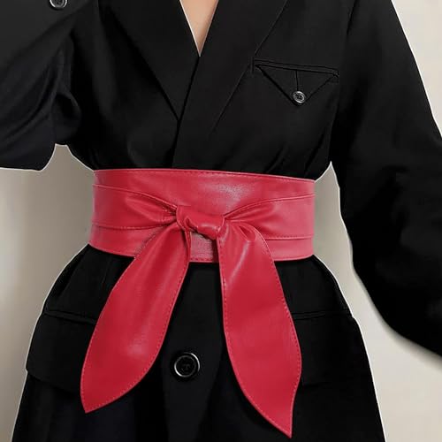 ChinEluviis Womens Obi Belt Fashion Corset Wide Leather Knotted Cinch Tie Wide Belt for Evening Dress Red M