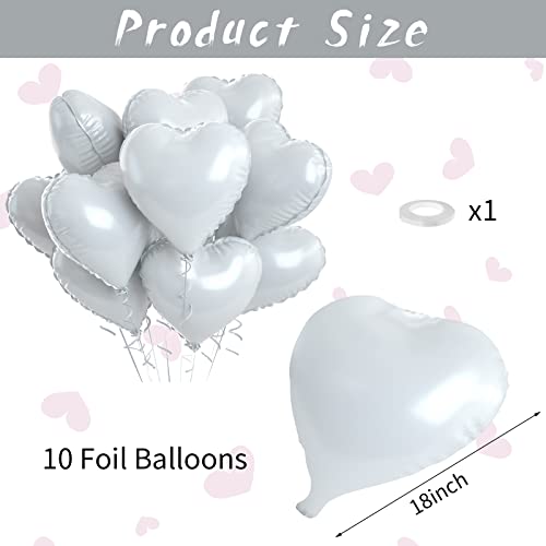 Grey White Heart Foil Heart Shaped Balloons, 10Pcs White Foil Heart Balloons Valentines 18Inch White Love Foil Balloons For Helium Valentine Decorations For White Wedding, Brithday Party, Anniversary #TOP1