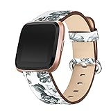 bayite Leather Bands Compatible Fitbit Versa, Slim Wristband Replacement Accessories Fitness Classic Straps Women, White/Gray Flower