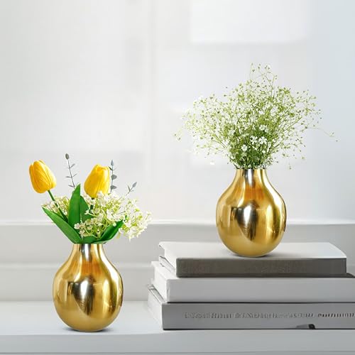 Image of BEHOMA Metal Flower Vase Set of 2, Golden | Metal flower vase in Golden - for fresh or artificial flower displays for living room - great wedding gift (Set of 2)