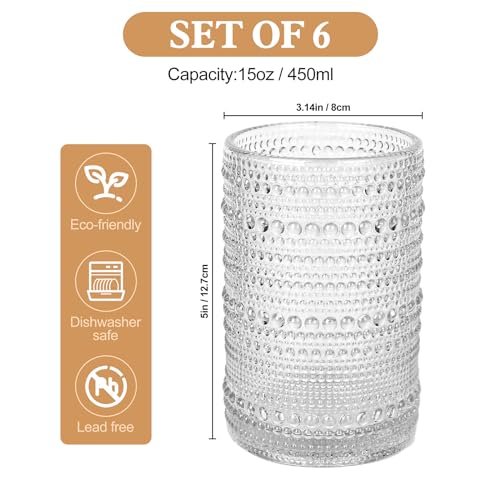 Vintage Glassware Drinking Glasses Set of 6,15 oz Hobnail Glass Cups,Embossed Clear Water Tumbler,for Beer,Cocktail,Whiskey,Juice and Various Mixed Drinks- 1 Cleaning Brush