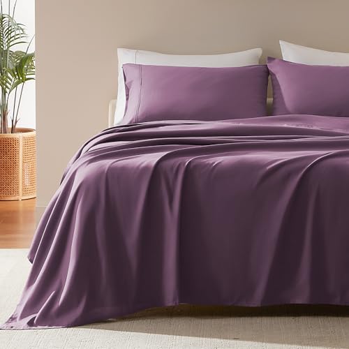 SLEEP ZONE Nanotex Super Soft Cooling Queen Bed Sheets Set 4 Piece - Easy Care Fitted Flat Sheet & Pillowcase Sets - Wrinkle Free, Fade Resistant, Deep Pocket 16" (Purple, Queen)