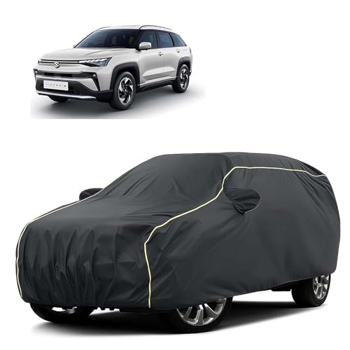 Image of Sulfar 100% Water Resistant Car Body Cover Compatible with Mirror for Maruti Suzuki Victoris (Triple Stitched, Full Bottom Elastic, Dark Grey Tafetta with Yellow Piping)