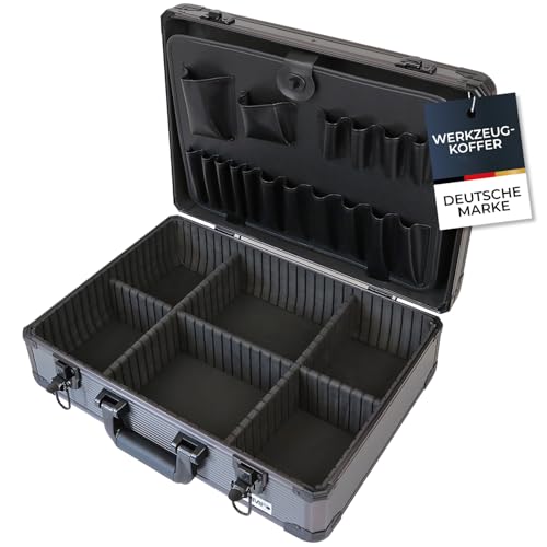 HMF Alu Werkzeugkoffer leer mit 17 Einsteckfächern für Werkzeug, große Werkzeugkiste mit verstellbarer Facheinteilung | 46 x 33 x 15 cm | Anthrazit-Schwarz