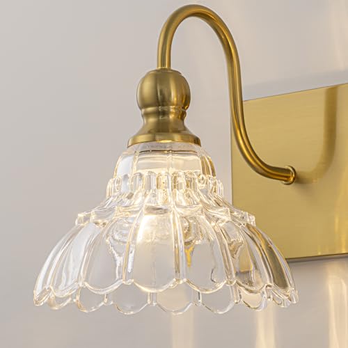 Image of EDISLIVE Vintage Vanity Light for Bathroom Gold 3-Light Bath Wall Light Fixture with Clear Flower Glass Shades 26.38 inch E12 Antique Wall Sconce for Bedroom Hallway Living Room Vanity Mirror