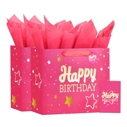 Image of Powbrace 13 inch Pink Happy Birthday Gift Bag with Tissue Paper and Greeting Card for Party,Happy Birthday Gift Bag for Men Women,Gift Bags Medium size(2 PCS Pink Hot Stamping)