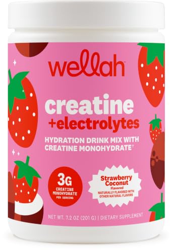 Image of Wellah Creatine + Electrolytes Powder (Strawberry Coconut) 30 Servings | Hydration Drink Mix with 3g of Creatine Monohydrate