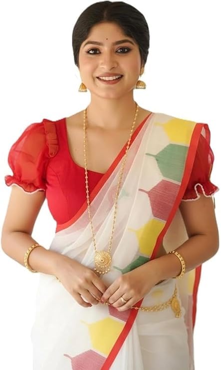 Women’s Traditional Bengali Durga Pooja Saree | Heavy Linen Cotton Saree with Digital Print, Motif Tassels & Matching Printed Blouse | Ideal for Festive & Wedding