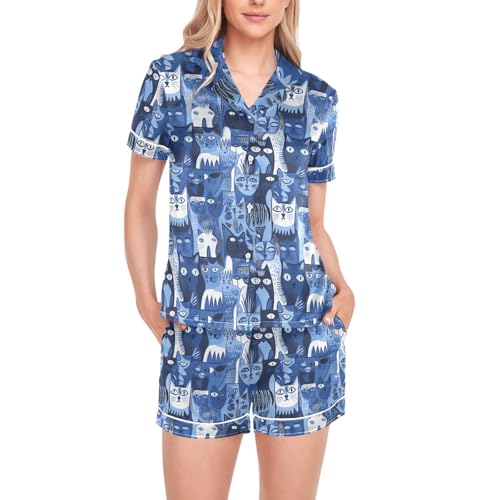 Pyjama chat bleu russe femme ensemble de nuit en satin soie vêtement intérieur manches courtes