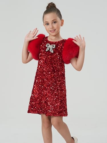 2Bunnies Girls Velvet Sequin Shimmer Sparkle Feather Faux Fur Birthday Christmas New Year Holiday Party Dress3