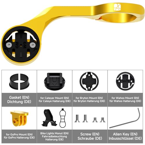 Aus vorderen Halterung für Garmin Edge Explore, leichte Fahrrad GPS Computer Halterungen Taschenlampe und Action Kamera erweiterte Installation, Combo kompatibel mit Bryton, Wahoo und CATEYE Gelb