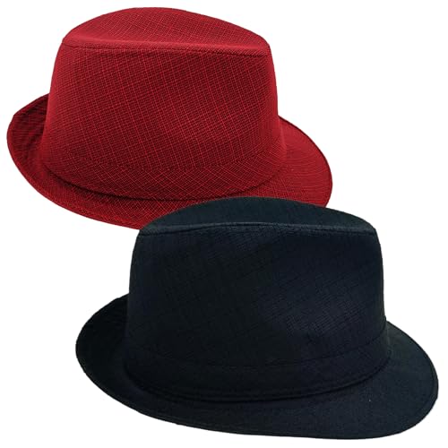 2 Pack Classic Fedora Hats Short Brim Trilby Panama Caps Cosplay Costumes Jazz Hat (US Alpha Large X-Large Black + Red)