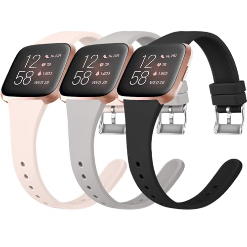 Tobfit Pack 3 Slim Bands Compatible with Fitbit Versa 2 Bands/Versa/Versa Lite/SE, Silicone Replacement Smartwatch Wristband for Women Men, Small, Black/Gray/Pink Sand