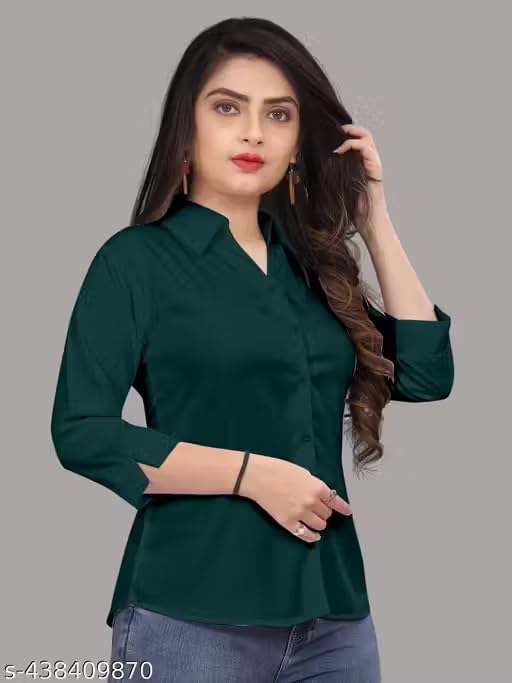 Image of Women's Cotton Blend Solid Formal Shirt with 3 /4 Sleeves-Navy Blue P4