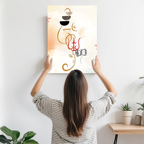 Image of PAINTINGMANTRA Stretched Canvas Wall Painting, Abstract Modern Om Ganesha Minimalist Line Religious work for Living Room, Home, Bedroom, Office Decoration (Pack of 1, 12x16 Inch)