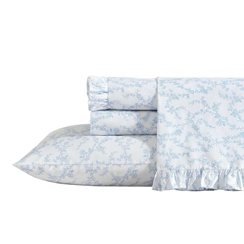 Image of Laura Ashley - Queen Size Sheet Set, Crisp Cotton Percale Bedding with Ruffle Pillowcases, Fully Elastic Deep Pocket Fitted Sheet, Floral Room Decor, Breathable All-Season Comfort (Victoria Blue)