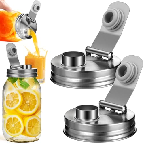 Mason Jar Pour Spout Lid Stainless Steel Regular Mouth Pour Spout Flip Cap Lids for Mason Jars Anticracking Leak Proof Seal Cover Airtight for Drinking Salad Dressing & Food Storing(2PCS)