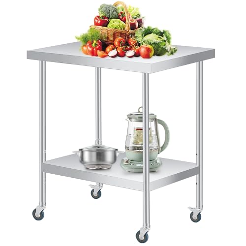 Stainless Steel Table, 30" x 24" Prep Workstation, 1000 LBS, NSF Commercial Work Table with Adjustable Undershelf and Lockable Casters, for Restaurant, Home, Kitchen, Hotel, Outdoor