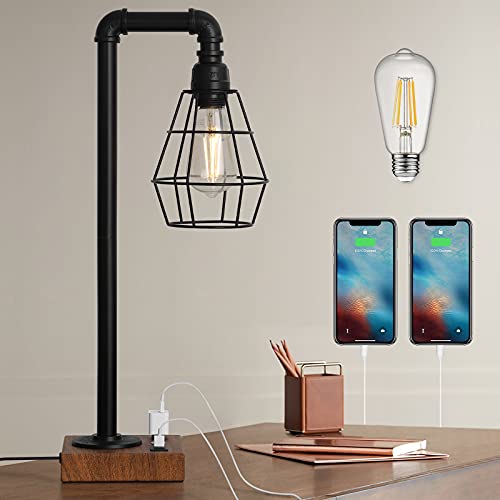 One-Day Sale: Up to 50% Off Table Lamp Industrial Desk Lamp with Dual USB 3-Way Touch Control Dimmable Edison Nightstand Bedside Lamp with AC Outlet and Black Metal Cage for Bedroom Living Room (Bulb Included)