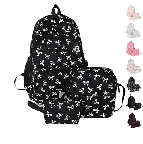 Bow Backpack 3pcs Set for Girls,Cute Kawaii Backpacks Set Large Capacity,Aesthetic Daypack Bow Rucksack (Black)