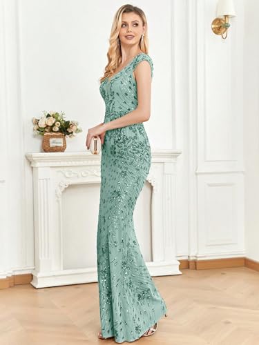 Image of Womens Sequined Long Evening Gown Glamous Sleeveless V-Neck Mermaid Prom Dress for Wedding Party Club Occasions