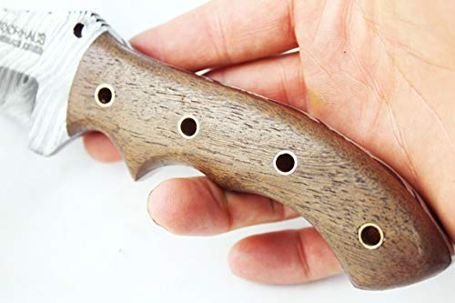 Moorhaus Damascus Knife Handmade Tanto Tracker - Walnut Wood Handle - Includes Leather Sheath - Special Promotional Pricing #TOP5