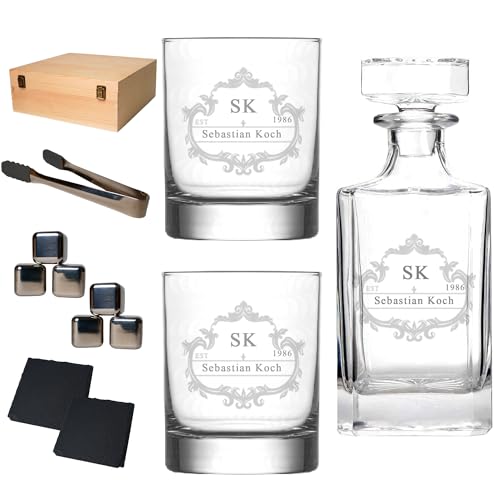 LOOXIS Personalisiertes Whisky Geschenkset mit Namen & Motiv graviert-2x 300ml Whiskyglas, 700ml...