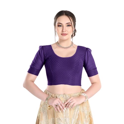 Image of FINESTFIT Stay On Trend Fashion 100% Cotton Readymade Blouses for Women,Round Neckline with Organza Balloon Sleeves.