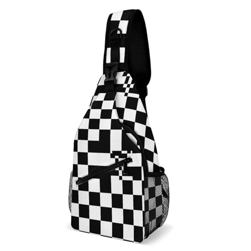 Men's Packable Sling Bag Backpack, Lightweight Chest Shoulder Backpack for Fitness Gym, Black And White Race Checkered Daypack Bags