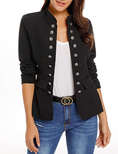 Roskiky Women Casual Solid Jacket Suit Open Front Stand Neck Buttons Work Blazer Black Size Medium (Fits UK 12-UK 14) steampunk buy now online