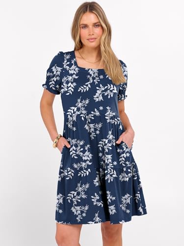 Image of ANRABESS Women Summer Square Neck Puff Short Sleeve Mini Dress 2026 Casual Flowy Sundress Beach Vacation Clothes with Pockets