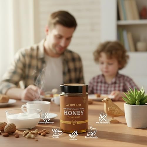 Image of Aurum Apis Raw Kyrgyzstani Mountain Honey - 100% Raw & Unfiltered Pure Honey, Hand-Harvested, Non-GMO, Naturally Sourced Certified Organic Premium Honey - 330g Honey Jar