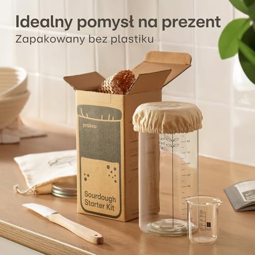 Praknu Zestaw Startowy do Zakwasu ze Szkła (1000ml) Kompletny zestaw z przewodnikiem dla początkujących & pieczenie w domu – Idealny na prezent