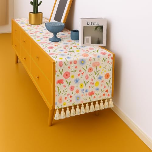 WWW.THROWPILLOW.IN Spring Floral Console Runner with Tassels 13x34|for 2 Feet Long Entryway Cabinet, Foyer, Hallway, Console Cabinet, Entry Storage, Bedside,Nightstand,Bedroom Side Table|Diwali Decor