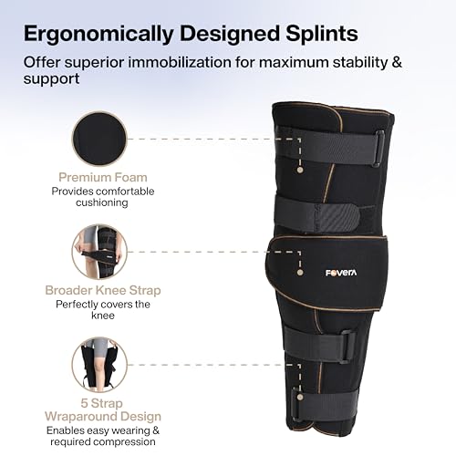 Image of FOVERA Knee Immobilizer Brace for Knee Support - Stabilizer Splint for Dislocation, Ligament Tear, & Injury Recovery with Wraparound Design & 5 Adjustable Straps for Men & Women (M)