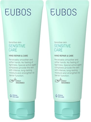 CREMA DE MANOS REPARACIÓN Y PROTECCIÓN DE EUBOS CUIDADO SENSIBLE: crema para manos secas y ásperas | Protege la piel contra las tensiones diarias | Vegana | 75ml (Paquete de 2)