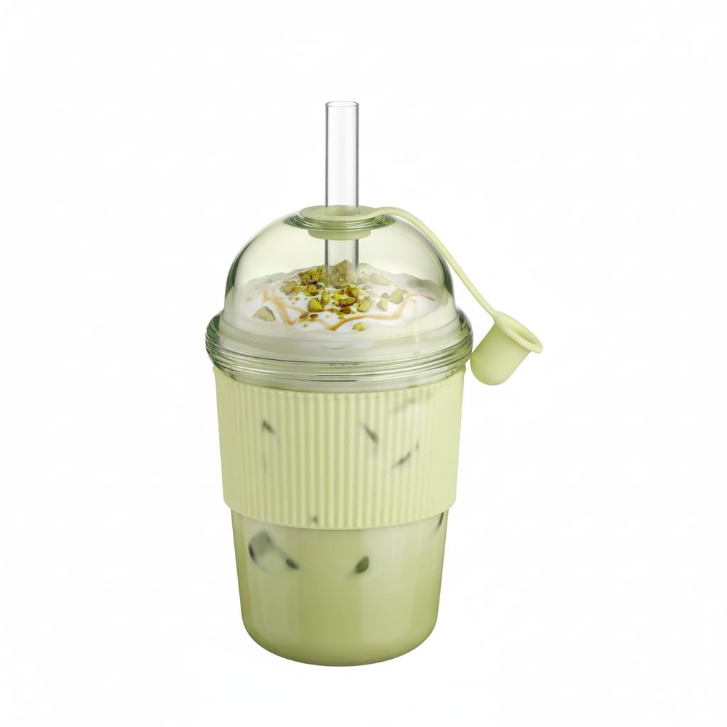 kuoleopa Reusable ICES Coffee Cups with Lids and Straws 14oz, Boba Cup with Straw, Leak Proof Tumbler with Silicone Sleeve for Cold Drinks, Iced Coffee, CTea ，Green