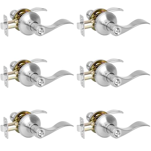 HOSOM 6 Pack Privacy Door Levers, Interior Door Handles for Bedroom and Bathroom, Wave Style Lever Handles Keyless, Satin Nickel Door Lock Reversible for Right & Left