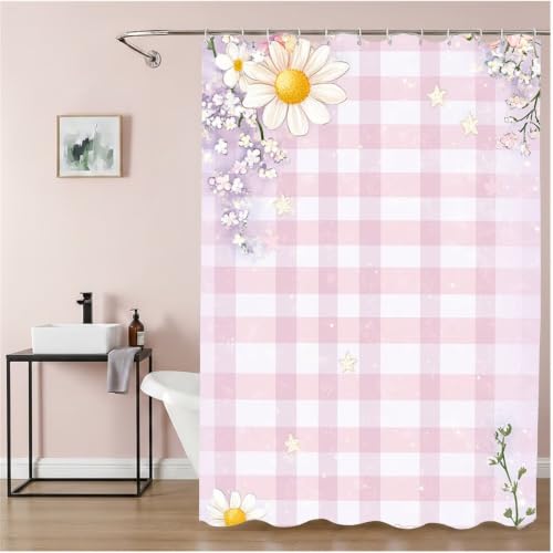 Rideau de douche anti moisissure imperméable lavable tartan rose - 3