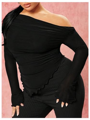 WDIRARA Women's Plus Size Off Shoulder Mesh Ruched Asymmetrical Long Sleeve Knitted Tops T Shirt4