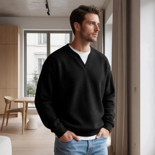 Layered Comfort Waffle Tea for Men Long Sleeve V Neck Fall Casual Shirts - image 2